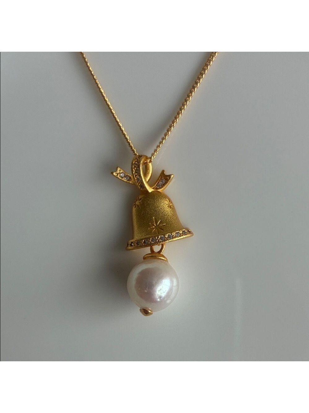 Gold-Plated Christmas Bell Pendant with Freshwater Pearl| Christmas jewelry gift